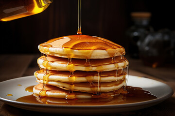 Stack of delicious pancakes topped with butter and syrup