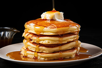 Stack of delicious pancakes topped with butter and syrup