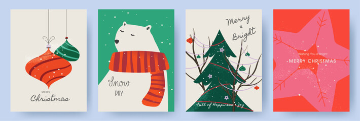 Merry Christmas and Happy New Year greeting card Set. Modern Xmas design with typography, christmas trees, snowflakes, balls and bear. Minimal art style. Xmas illustration for poster, banner, cover.