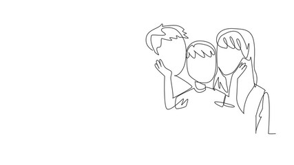 Animated self drawing of single one line drawing a family sitting, a boy stroking his parents' cheek. Understanding each other and giving warmth. Forgive Mom and Dad Day. Full length animation - Powered by Adobe