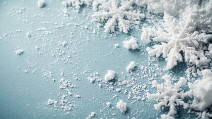 Fototapeta premium A macro view captures the fine details of white snowflakes resting on a smooth blue background, emphasizing their unique formations and wintery charm in a serene setting.