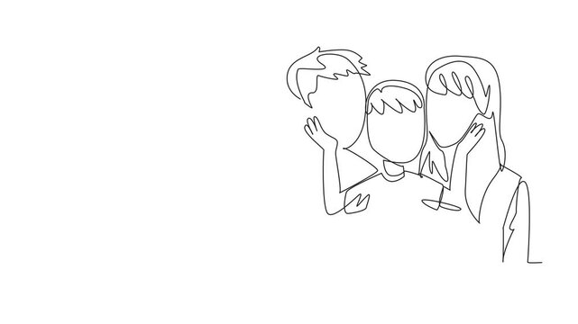 Animated self drawing of single one line drawing a family sitting, a boy stroking his parents' cheek. Understanding each other and giving warmth.  Forgive Mom and Dad Day. Full length animation