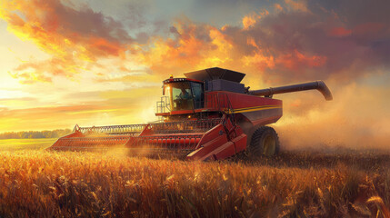 Fototapeta premium combine harvester operates in golden field during sunset, showcasing beauty of agricultural machinery in action. vibrant colors of sky enhance scenes emotional appeal