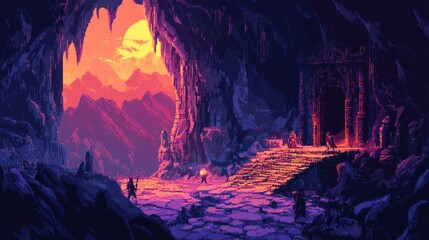 Pixelated Fantasy Landscape with Cave Entrance and Figures