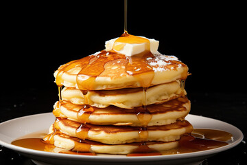 Stack of delicious pancakes topped with butter and syrup