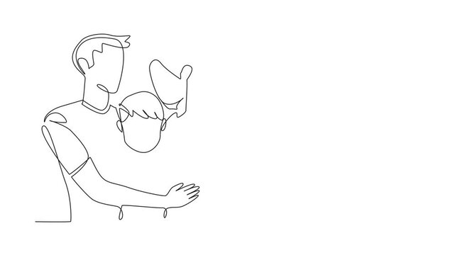 Self drawing animation of single one line drawing father and mother hug beloved son. Promised something with applicable terms and conditions. Seduction. Forgive Mom and Dad Day. Full length animated