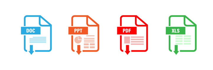 File format extensions. doc, xls, ppt, pdf file format document icons.	