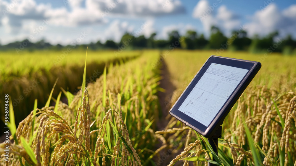Poster image showcases rice field with digital monitor displaying data, highlighting integration of technol