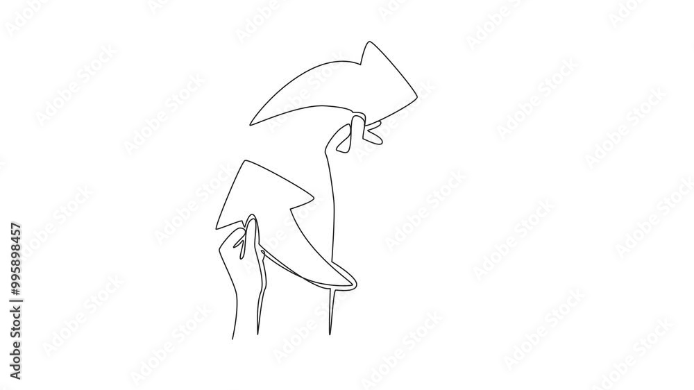 Poster self drawing animation of continuous one line drawing three hands make a recycle symbol. arrow. care