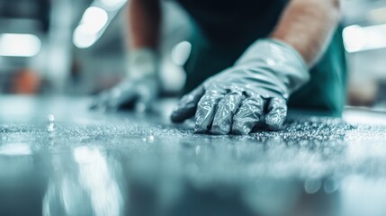 A worker is depicted meticulously cleaning an industrial surface while wearing gloves. The focus on hands in action highlights the importance of cleanliness and safety in industry.