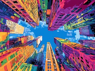 Vibrant, colorful abstract painting of skyscrapers reaching towards a bright blue sky. Urban cityscape art piece.