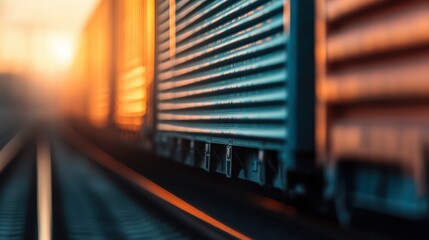 Close-up view of freight train cars moving with clear sunset in the background, capturing blurred motion and reflecting the dynamism of cargo and transportation sectors.