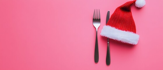 A festive Santa hat rests beside a fork and knife on a pink background, creating a cheerful holiday dining theme.