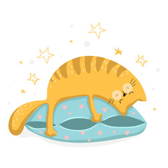 Cute yellow sleeping cat on the blue pillow, cat illustration, vector eps 10