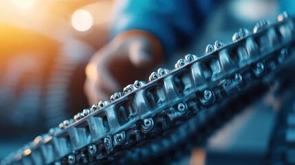 A close-up shot of a chainsaw blade in action with a worker's hand adjusting it, capturing the essence of precision and manual labor involved in machinery operations.