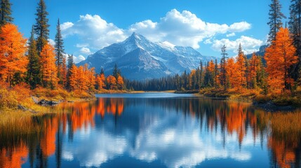 Scenic autumn landscape with mountains and a reflective lake.