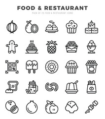 Set of 25 Food and Restaurant Lineal Icons Pack.