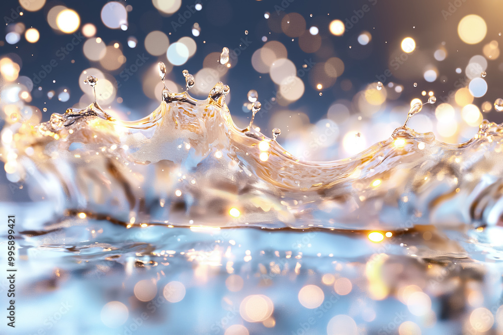 Poster water droplets burst in an elegant splash, forming intricate patterns that shimmer with soft gold an