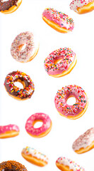 sweet donuts of different colours isolated on white background , donuts fly over white background