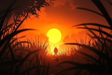 A lone silhouette walking towards a bright, mesmerizing sunset through tall grass in a tranquil, scenic landscape.