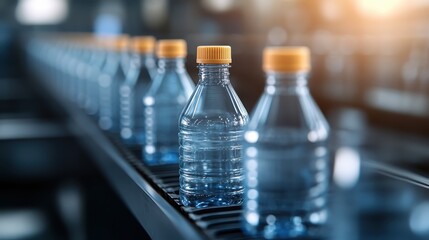 This image captures a production line with multiple transparent plastic bottles filled with water, each sealed with an orange cap, moving along a conveyor belt.