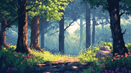 Pixelated Forest Path with Sunlight Streaming Through Trees