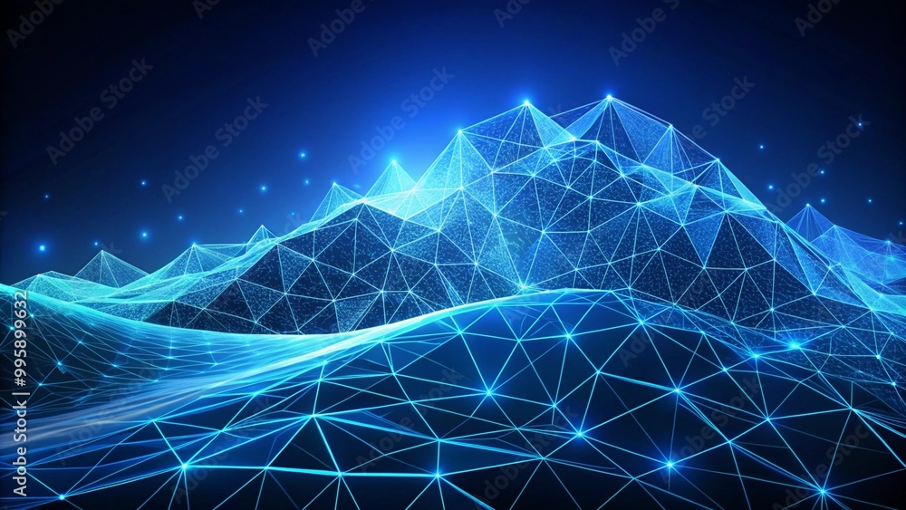 Poster digital representation of a network with interconnected lines and sparkling dots against a dark back
