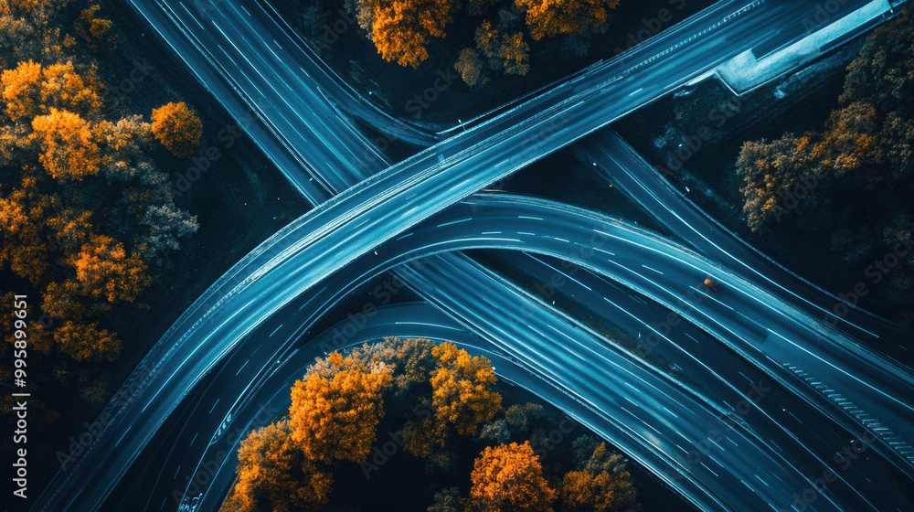 Aufkleber aerial view of complex highway interchange surrounded by autumn trees, showcasing intricate patterns