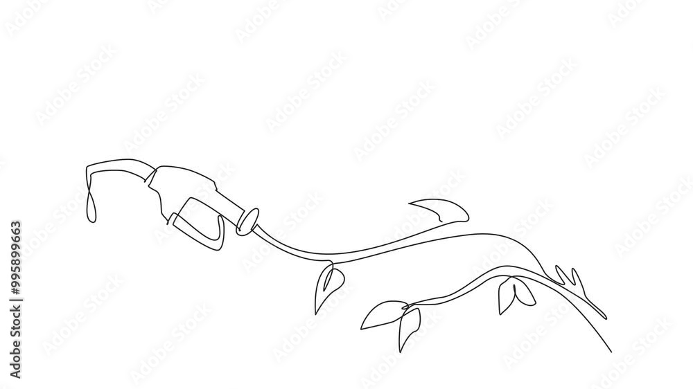Poster animation of single one line drawing the hose with petrol dripping from the nozzle tip coming out of