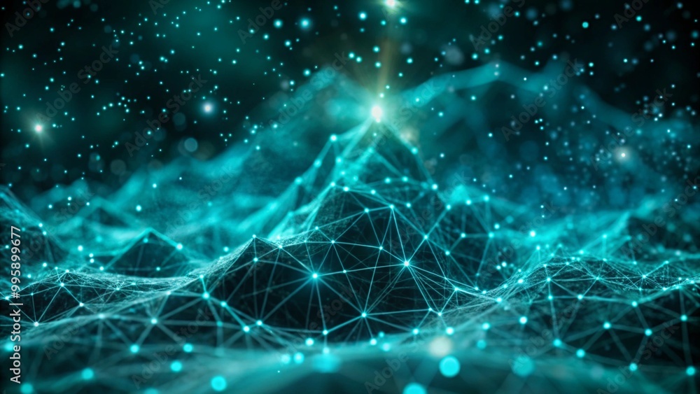 Poster digital representation of a network with interconnected lines and sparkling dots against a dark back