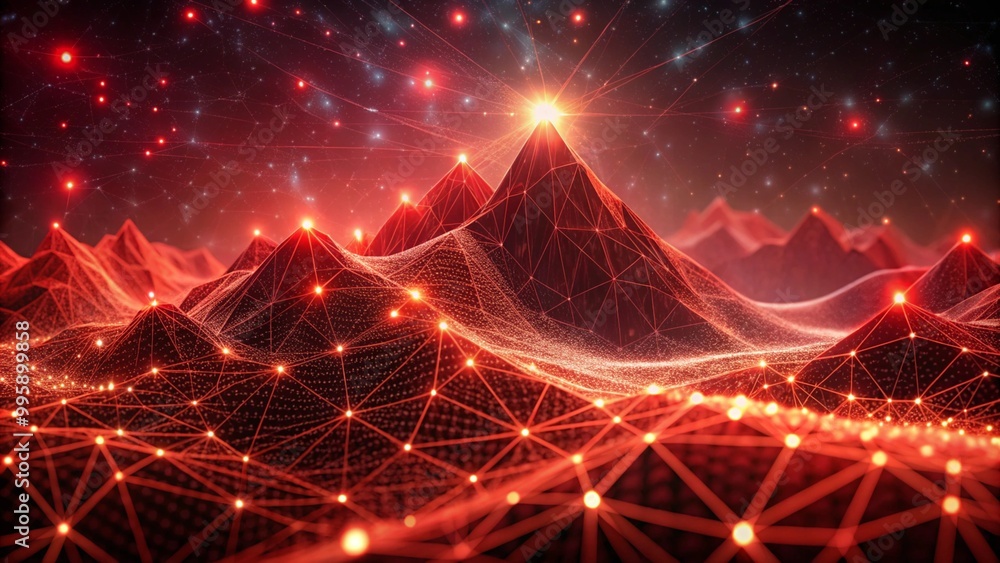 Poster digital representation of a network with interconnected lines and sparkling dots against a dark back