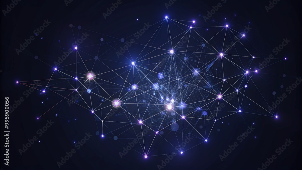 Poster digital representation of a network with interconnected lines and sparkling dots against a dark back