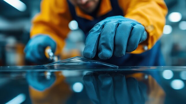A close-up image showing a hand in blue gloves precisely cutting a plastic sheet, emphasizing the importance of accuracy and safety in industrial or crafting environments.