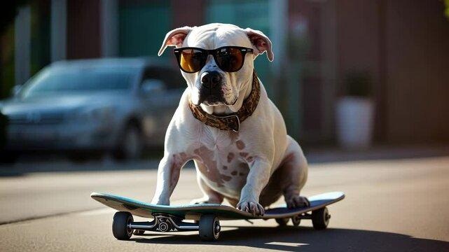 Funny dog wearing sunglasses on skateboard in urban street. Cute Jack Russell terrier riding skateboard outdoors. Playful pet performing trick in city. Humorous animal content