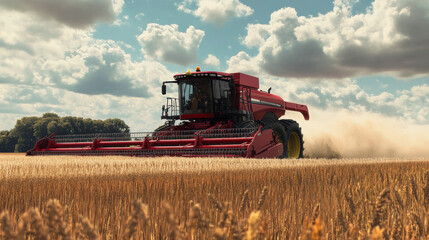 Obraz premium Harvesting wheat in golden field, red combine harvester efficiently works under bright sky with fluffy clouds. scene captures essence of agricultural productivity and innovation