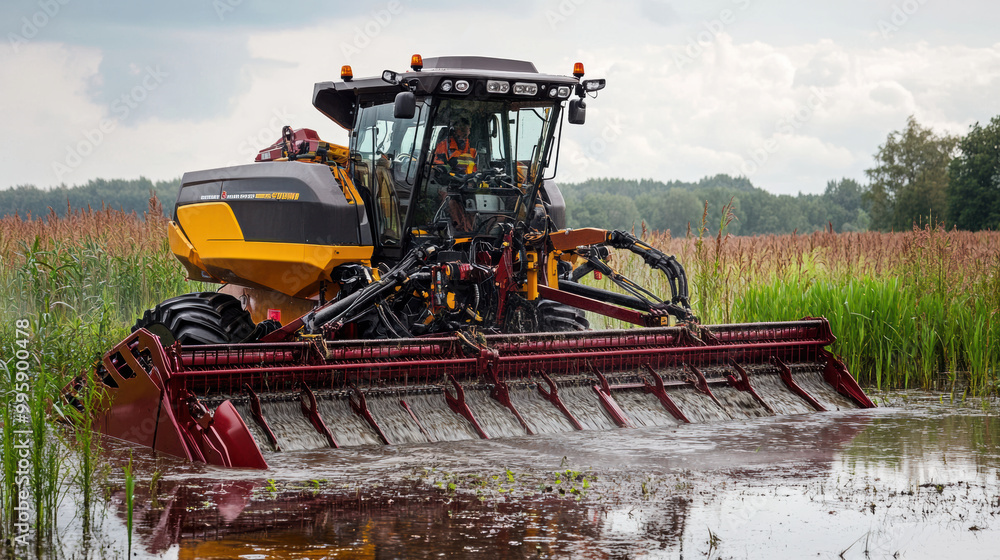 Poster floating combine harvester operates in wetland area, efficiently harvesting crops while navigating t