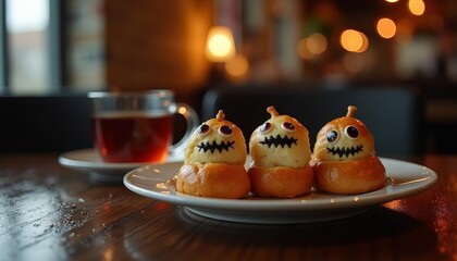 Three whimsical monster pastries sit on a plate beside a warm cup of tea in a café setting