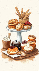 Bakery or coffe shop hand drawn vector poster illustration. Art for poster design, postcards, framed wall art, branding