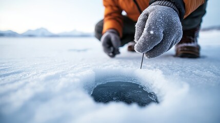 A person in an orange jacket and gloves ice fishing on a frozen lake, with scenic snow-covered mountain range in the background, capturing the calmness of winter fishing.
