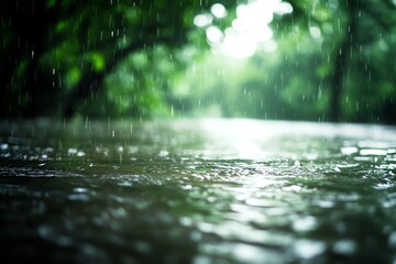 Fototapeta premium Blurred image of a rainy day in a lush forest, focusing on raindrops hitting the water, creating a serene and peaceful landscape.