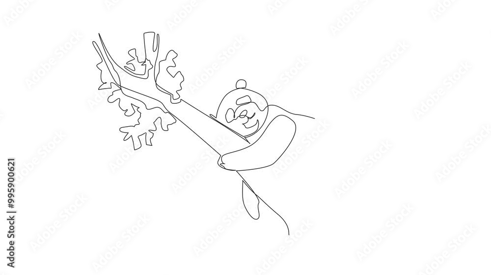 Poster animation of continuous one line drawing a baby panda sleeping on a tree branch. like hugging a pill