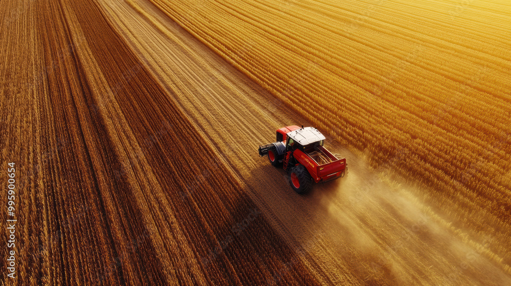 Aufkleber red tractor is working in golden field, creating dust as it moves through rows of crops. scene captu