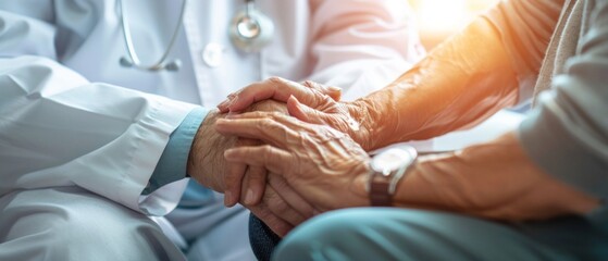 A touching image shows a doctor and elderly patient holding hands in a caring moment. Their attire and setting indicate a medical environment.