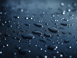 Close-up of water droplets on a dark surface, capturing the details and reflections in a serene and minimalistic composition.