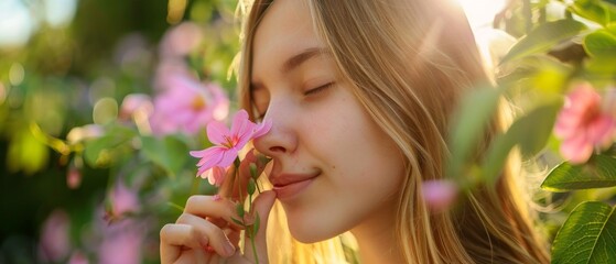Fototapeta premium Young girl in lush garden holding pink flower, eyes closed, enjoying scent. Abundant green plants, blooming flowers, serene atmosphere.