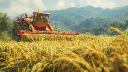 Naklejka premium image showcases red agricultural harvester efficiently cutting through golden rice fields, surrounded by lush green mountains under bright sky
