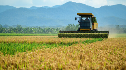 Fototapeta premium Harvesting rice in lush field showcases agricultural efficiency and productivity. vibrant green and golden hues contrast beautifully against mountainous backdrop