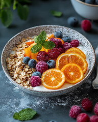 Healthy Breakfast Bowl with Yogurt  Oatmeal  Berries  and Orange Slices