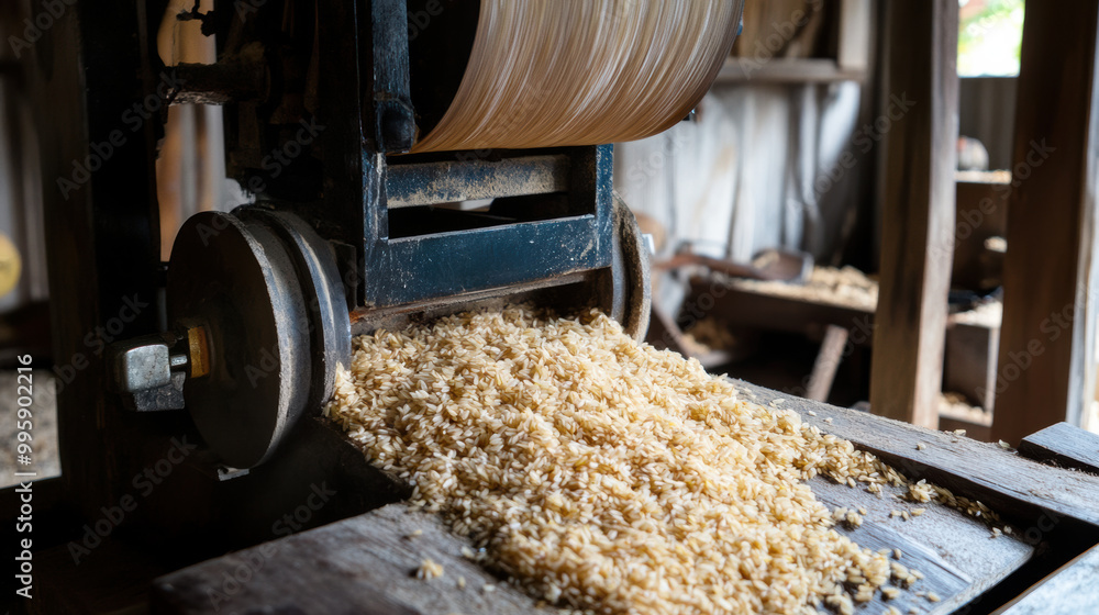 Poster hulling machine efficiently removes outer husk of rice, showcasing process of grain processing in ru
