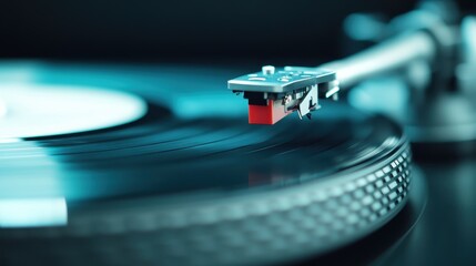 This image features a macro perspective of a turntable needle resting in the grooves of a black vinyl record, reflecting the beauty of analog music formats.